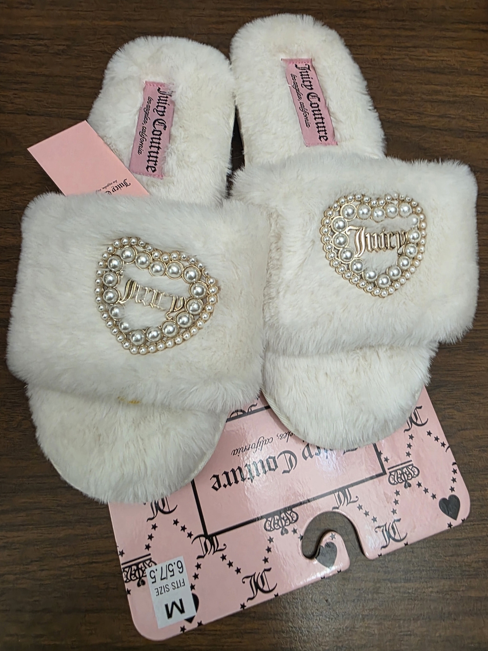Juicy Couture Ivory Pearl Heart Fuzzy Slides